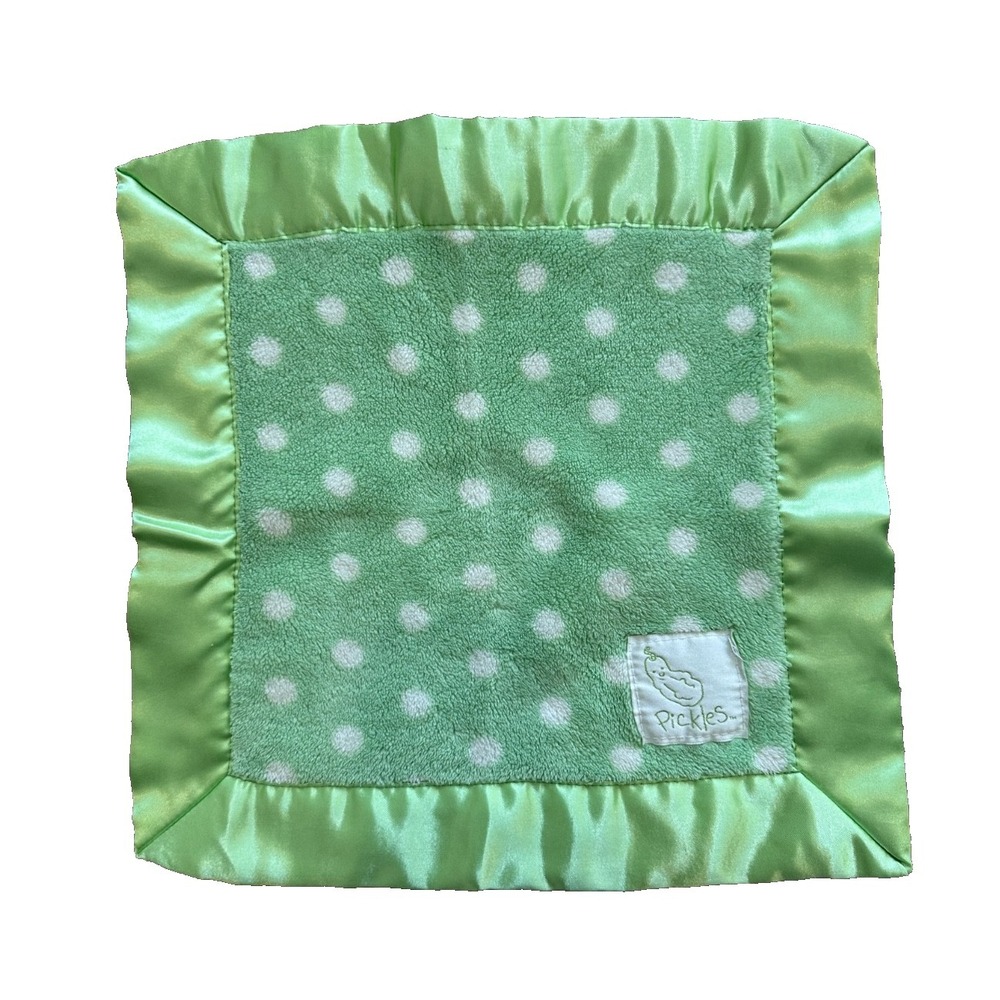 Pickles Baby Security Blanket Green White Polka Dots Satin Edge Lovey Clutch 14"